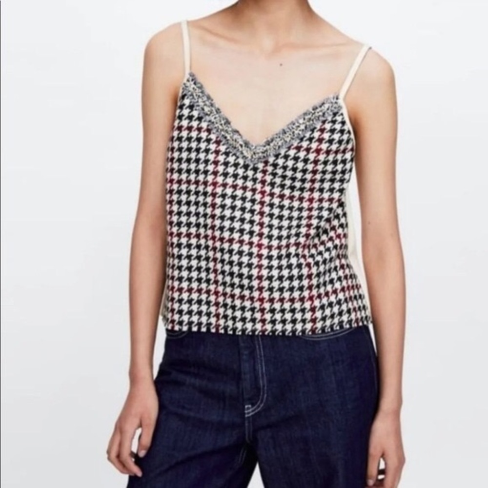 Zara Cream and Red Houndstooth Tweed Top